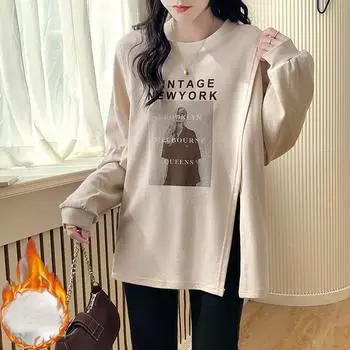 осень зима повседневные свободные футболки с боковым разрезом и буквенным принтом утолщенные женские футболки с длинным рукавом теплые бархатные топы y2k уличная одежда M