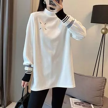 осень зима повседневные свободные футболки с полувысоким воротником утолщенные женские футболки с длинным рукавом теплые бархатные белые топы y2k уличная одежда M