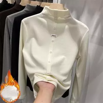 Осень-зима, повседневные тонкие футболки с высоким воротом, женские бархатные футболки с длинным рукавом и пуговицами, женские пуловеры Y2k, толстые теплые топы M