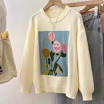 Осень-зима, повседневные жаккардовые свитера с цветочным принтом, женский свободный свитер с круглым вырезом, новый женский пуловер с длинными рукавами, топ C-280