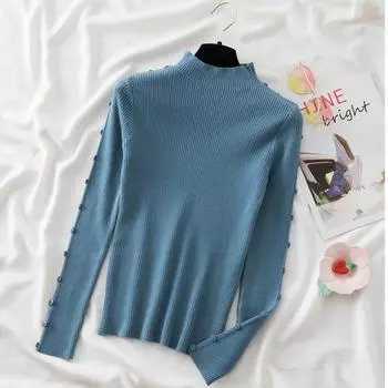 Осень-зима повседневный тонкий теплый базовый женский вязаный свитер с полувысоким воротником на пуговицах свитер женский модный тонкий джемпер с длинным рукавом 25481 One Size синий