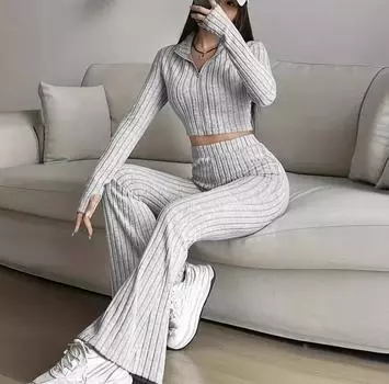 Осень Зима Повседневный тонкий трикотажный костюм из двух частей с воротником-поло, однотонный сексуальный укороченный свитер с длинными рукавами + эластичные широкие брюки, комплекты для женщин, комплект из свитера S чёрный