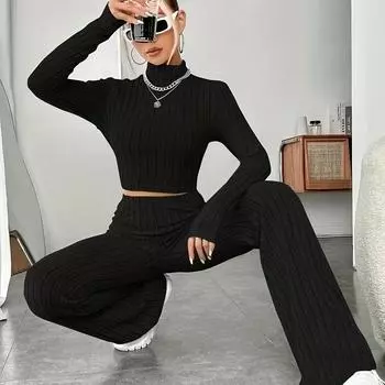Осень-зима Повседневный тонкий трикотажный костюм из двух частей Высокий воротник однотонный сексуальный свитер с длинным рукавом + эластичные длинные брюки комплект женский свитер комплект S серый