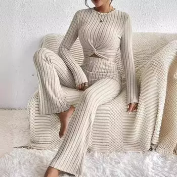 Осень-зима Повседневный тонкий трикотажный костюм из двух предметов с круглым вырезом, однотонный сексуальный укороченный свитер с длинными рукавами + эластичные длинные брюки, женский комплект из свитера S абрикосовый