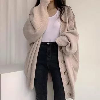 Осень-зима Повседневный V-образный вырез Вязаные кардиганы Женские свитера Однобортный свободный кардиган с рукавами-фонариками Куртки Женские элегантные однотонные свитера 25468 One Size серый