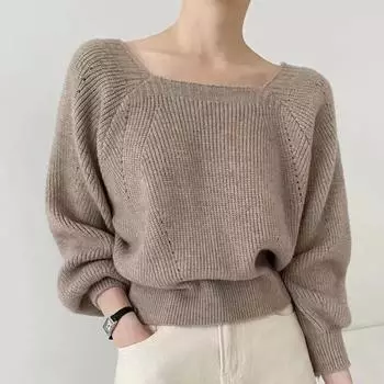 Осень-зима, повседневный винтажный свободный свитер, модный женский корейский пуловер с квадратным воротником, трикотажные топы с длинными рукавами, одежда 29239 One Size чёрный