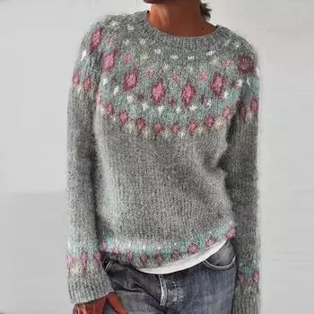 Осень-зима принт вязаный пуловер свитер новый круглый вырез мода женщины свободные свитера женщины винтаж повседневный теплый плюс размер трикотаж топы 24602 S