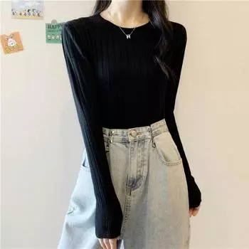 Осень-зима приталенные топы с длинными рукавами, женский свитер, вязаная одежда, модный однотонный пуловер с круглым воротником 28534 One Size абрикосовый