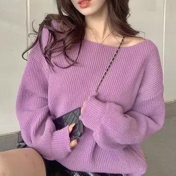 Осень-зима, простой пуловер, свитер для женщин, свободный толстый однотонный вязаный джемпер, топы 2023, свитера с одним вырезом 29089 One Size хаки