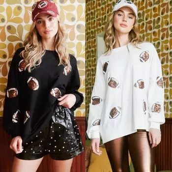 Осень-зима пуловер с блестками в стиле регби в стиле пэчворк, женский топ с круглым вырезом и длинными рукавами, черный, белый цвет, свободная толстовка с капюшоном M белый