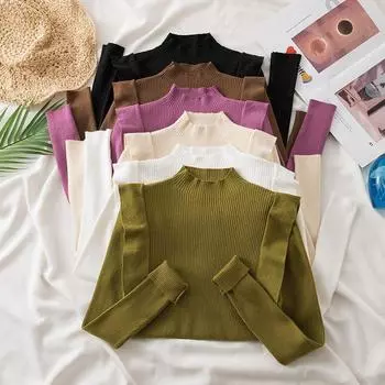 Осень-зима, пуловеры с длинными рукавами, облегающие топы, модные однотонные свитера, женская трикотажная одежда 28805 One Size розы красного