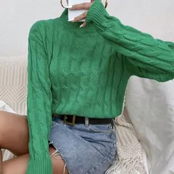 Осень-зима, пуловеры с полувысоким воротником, модный свитер, однотонный зеленый свитер, повседневные свободные топы, женская одежда 28487 S зелёный