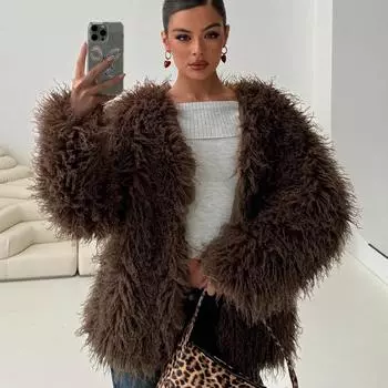 Осень-зима пушистая шуба пушистый кардиган уличный дизайн искусственный мех куртка женская одежда теплая с длинным рукавом шикарная верхняя одежда S коричневый