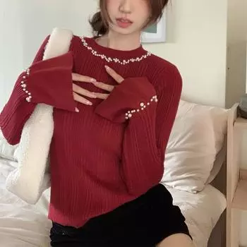 Осень-зима расклешенный рукав половина водолазка вязаный свитер женский корейский повседневный пуловер джемпер тонкие топы женские бисерные свитера One Size