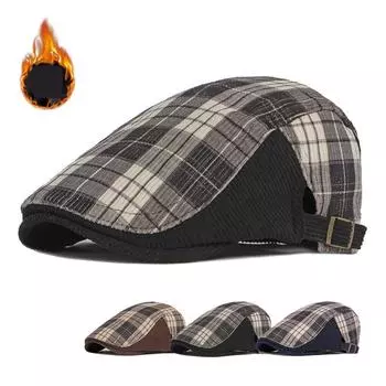 Осень-зима Ретро Береты для мужчин и женщин Классические клетчатые кепки газетчика Толстый берет Шляпа Гэтсби Шляпы художников Плоские кепки Регулируемые 55-60cm чёрный