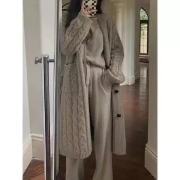 Осень-зима ретро вязаный свитер пальто женский корейский модный винтажный свободный кардиган теплый женский дизайн повседневный кардиган 2024 S серый