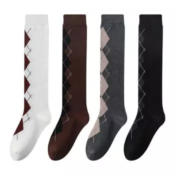 Осень/Зима Ромбовидные высокие носки Жаккардовые чулки Хлопковые носки Носки College Wind для девочек Ворсовые носки Серые носки JK Retro из телячьей шерсти One Size