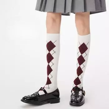 Осень/Зима Ромбовидные высокие носки Жаккардовые чулки Хлопковые носки Носки College Wind для девочек Ворсовые носки Серые носки JK Retro из телячьей шерсти One Size