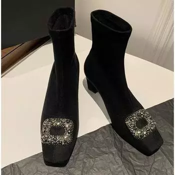 Осень Зима Роскошные Ботильоны Женские Сапоги на Высоком Каблуке Модные Сапоги на Толстом Каблуке Короткие Сапоги Квадратная Обувь Модные Черные Короткие Ботильоны 35