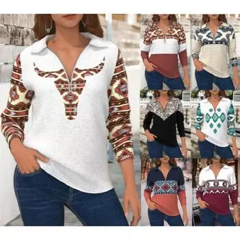 Осень-зима рубашка поло на молнии женские свободные футболки с длинным рукавом с принтом S