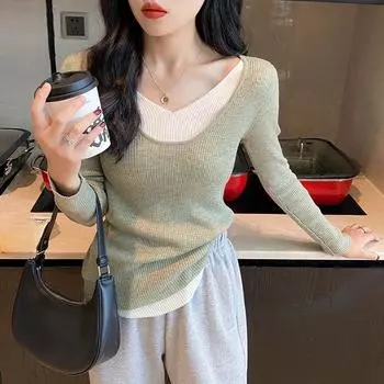 Осень-зима Рубашка с круглым вырезом Свитер Женский джемпер из двух частей Женский топ с рукавами-трубами Однотонный трикотаж Трендовые свитера one size чёрный