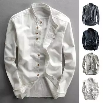 Осень-зима рубашка с воротником-стойкой и длинным рукавом толстый однобортный кардиган сплошной цвет мягкая теплая ретро приталенная повседневная офисная рубашка средней длины L темно-синий