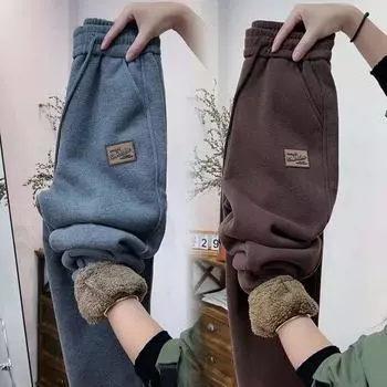 Осень-зима RWomen Толстые флисовые брюки Модные теплые плюшевые брюки Повседневные эластичные спортивные спортивные брюки M чёрный