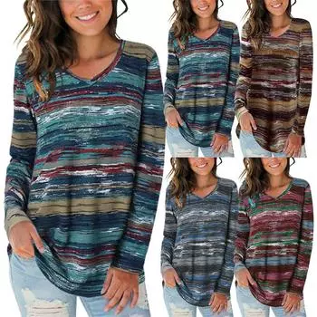 Осень-зима с длинным рукавом элегантный женский модный цифровой полосатый принт V-образный вырез свободный универсальный топ уличная одежда больших размеров больших размеров XXXL синий