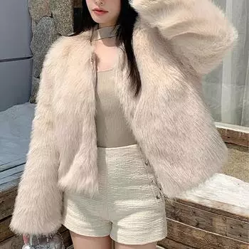 Осень-зима с длинным рукавом Женское меховое пальто Новые длинные рукава О-образный вырез Повседневные элегантные куртки Дамы Корейская мода Короткие пальто Кардиганы Одежда 2187 One Size белый