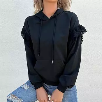 Осень-зима с длинными рукавами и карманами, женская лоскутная кружевная толстовка с капюшоном, толстовка с капюшоном S чёрный