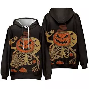 Осень-зима с длинными рукавами, толстовка с капюшоном и принтом черепа и головы тыквы на Хэллоуин, 3D-принт, модная повседневная свободная толстовка с капюшоном и свитшотами для женщин S