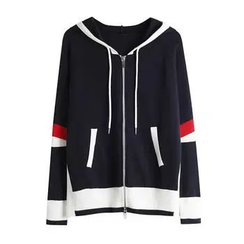 Осень-зима с капюшоном на молнии вязаный свитер пальто куртка женская мода контрастного цвета с длинным рукавом джемпер с карманом One Size синий