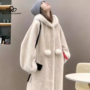 Осень-зима с капюшоном, утолщенная длинная плюшевая шуба, искусственный мех, одно пальто, повседневный стиль, женское пальто, высококачественное пальто One Size белый