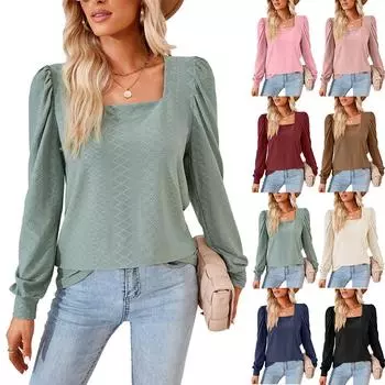 Осень-зима с квадратным вырезом, однотонная плиссированная свободная футболка с длинным рукавом для женщин, топ