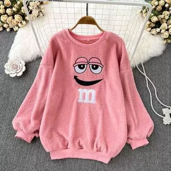 Осень/зима с мультяшным принтом, круглый вырез, имитация овечьей шерсти, свободный пушистый топ с длинными рукавами