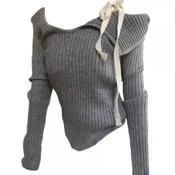 Осень-зима, серый простой трикотаж с вырезом крючком, Повседневный вязаный пуловер с длинными рукавами, клубная одежда на шнуровке, японская мода 2023 S чёрный