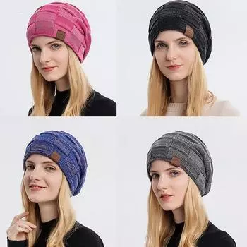 осень зима шапка баотоу плюшевая вязаная женская пуловер флисовая теплая шапка свитер с воротником вязаная шерстяная луна ветрозащитная шапка для ушей One Size розы красного