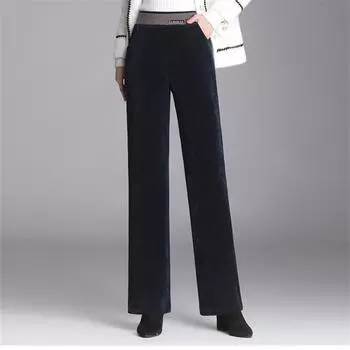 Осень-зима, широкие брюки, утепленные бархатные брюки, свободные винтажные женские и женские эластичные брюки с высокой талией, элегантная повседневная уличная одежда S чёрный