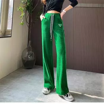 Осень-зима синель в клетку с принтом, женские широкие брюки с высокой талией и шнурком, свободные толстые флисовые женские длинные брюки, однотонные S чёрный