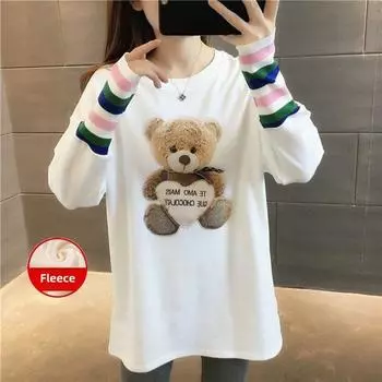 осень зима сладкий мультяшный принт повседневные свободные футболки с круглым вырезом утолщенные женские футболки с длинным рукавом теплые бархатные белые топы y2k уличная одежда M