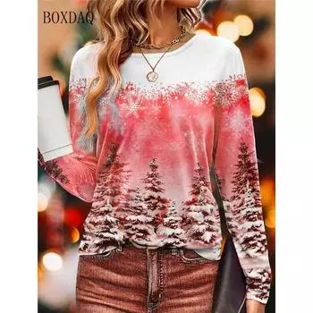 Осень-зима снежный пейзаж рождественский стиль женские футболки с длинным рукавом 3D принт уличный хип-хоп женские футболки повседневные топы S