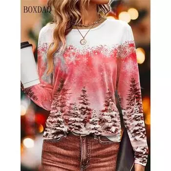 Осень-зима, снежный пейзаж, рождественский стиль, женские футболки с длинным рукавом, 3d принт, уличные женские футболки в стиле хип-хоп, повседневные топы больших размеров 6XL S