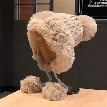 Осень-зима, соломенная шляпа из белого снега с имитацией кроличьего меха, женская модная высококачественная плюшевая бейсболка, шерстяная теплая вязаная шапка с защитой ушей One Size чёрный
