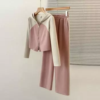 Осень-зима Сращивание хлопка Толстовка Повседневный Широкие Штаны Комплект Из Двух Частей Модные Женские Брюки Наряд XXXL розовый