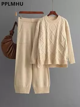 Осень-зима свитер с круглым вырезом, пуловер, топы, женские толстые трикотажные комплекты из 2 предметов, повседневные прямые брюки с высокой талией One Size чёрный