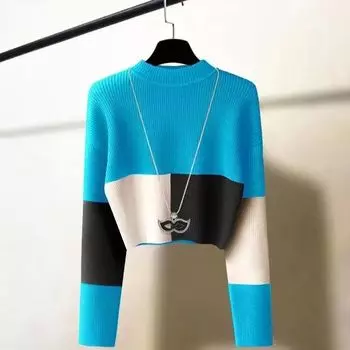 Осень/Зима свитер с круглым вырезом Свободный повседневный трикотаж с цветными блоками Толстые короткие трикотажные топы Верхняя одежда Джемпер S красный