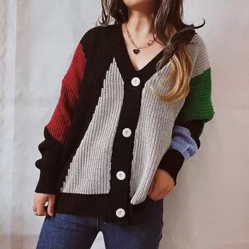 Осень-зима, свитер с v-образным вырезом, кардиган, женская повседневная однобортная куртка с цветными блоками, модная уличная одежда, свободные пальто S розовый