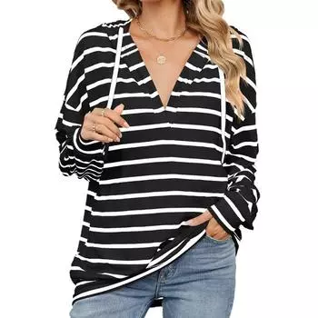 Осень-зима, свитера и длинные рукава, модная женская полосатая одежда, свободная толстовка с капюшоном для женщин, футболка S