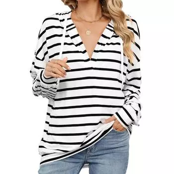 Осень-зима, свитера и длинные рукава, модная женская полосатая одежда, свободная толстовка с капюшоном для женщин, футболка S