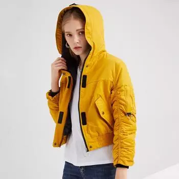 Осень-зима свободная хлопковая однотонная короткая куртка с длинным рукавом и воротником с капюшоном S чёрный